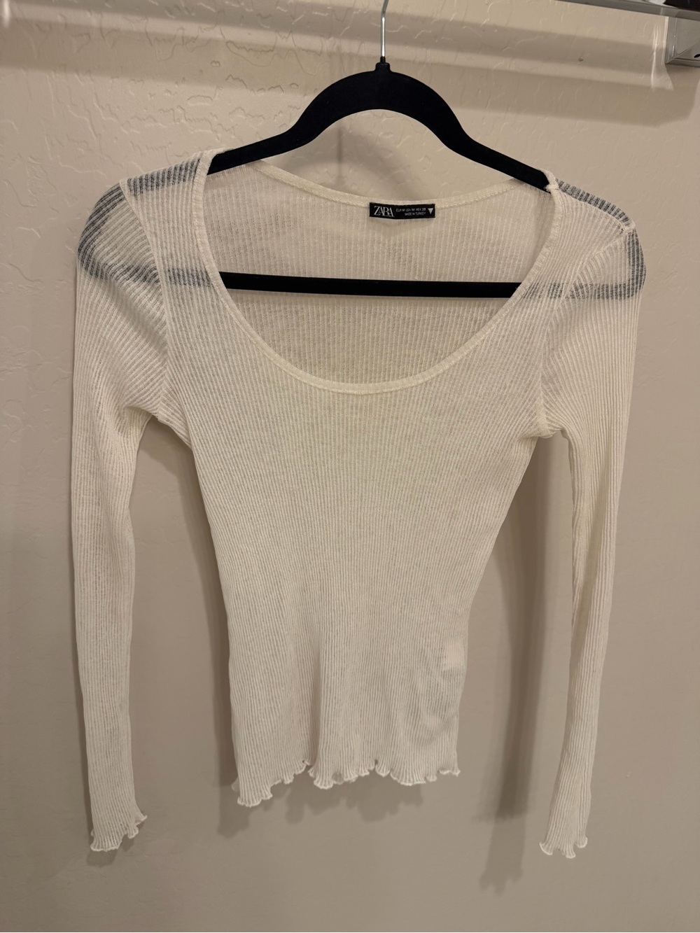 Zara Cream Ribbed Long-Sleeve Scoop Neck Top